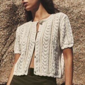 ZARA Mixed Stich Knit Cardigan With Faux Pearl Embellishments In Ecru NW…